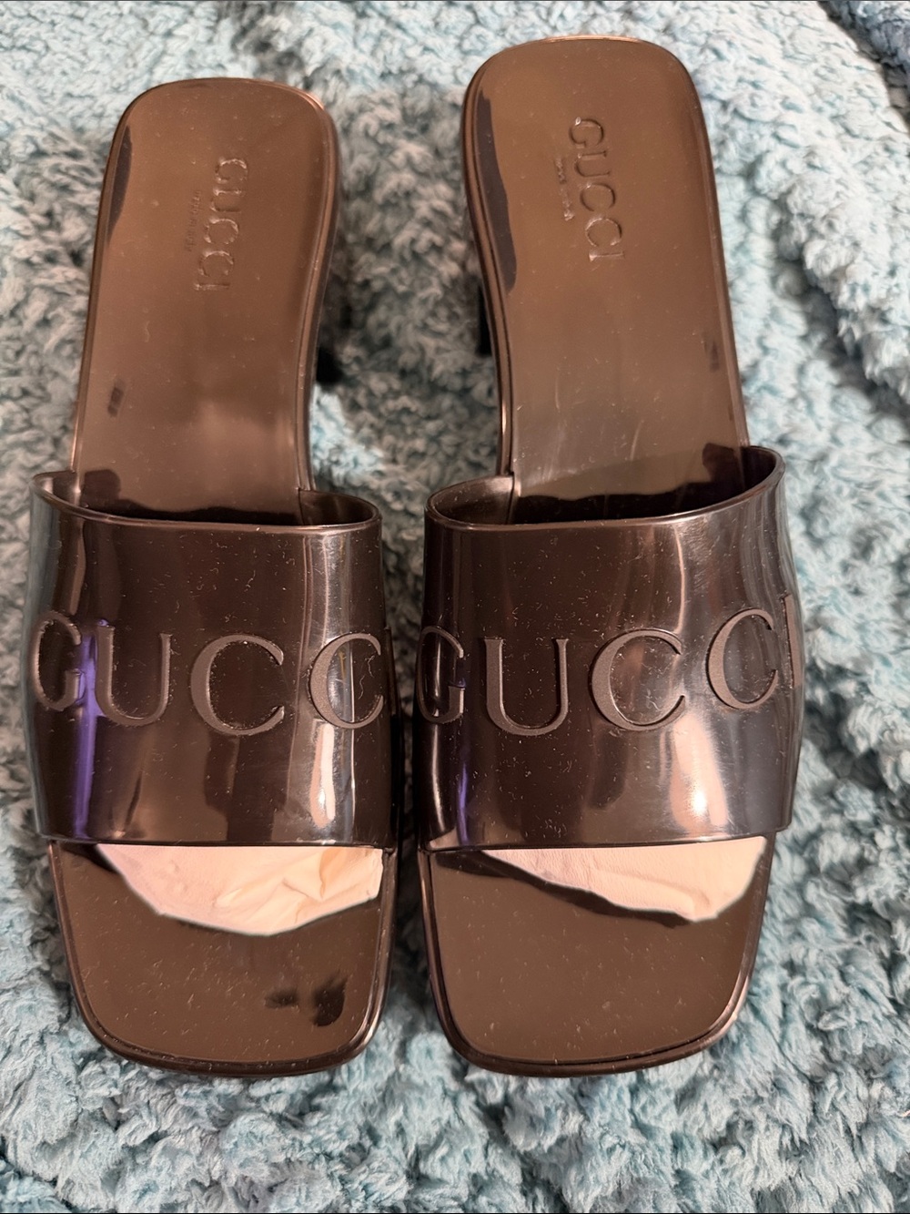 Gucci Glossy Black Logo Slide Nero w box, shoe bags, and tote